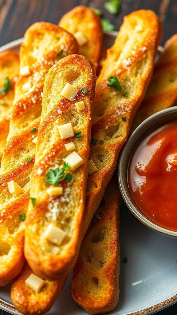 A plate of golden garlic breadsticks garnished with parsley and served with marinara sauce.